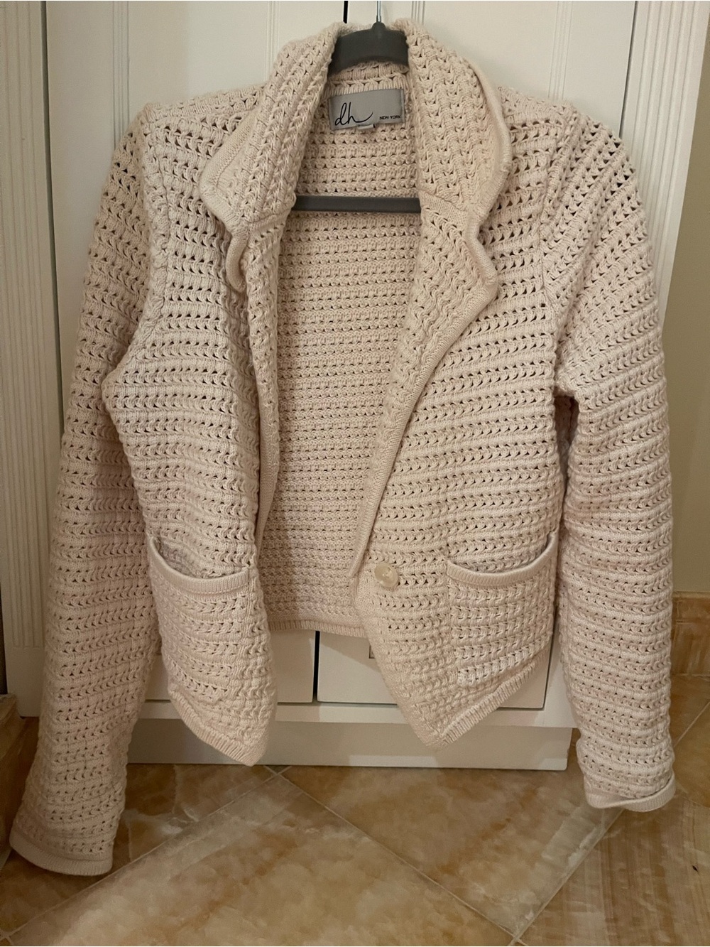 dh NEW YORK Cream Crochet Knit Open Blazer Cardigan size small